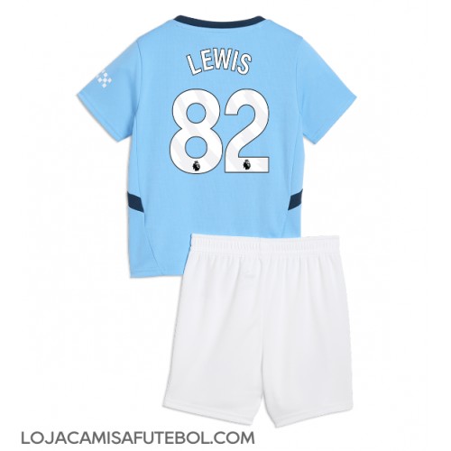 Camisa de Futebol Manchester City Rico Lewis #82 Equipamento Principal Infantil 2024-25 Manga Curta (+ Calças curtas)